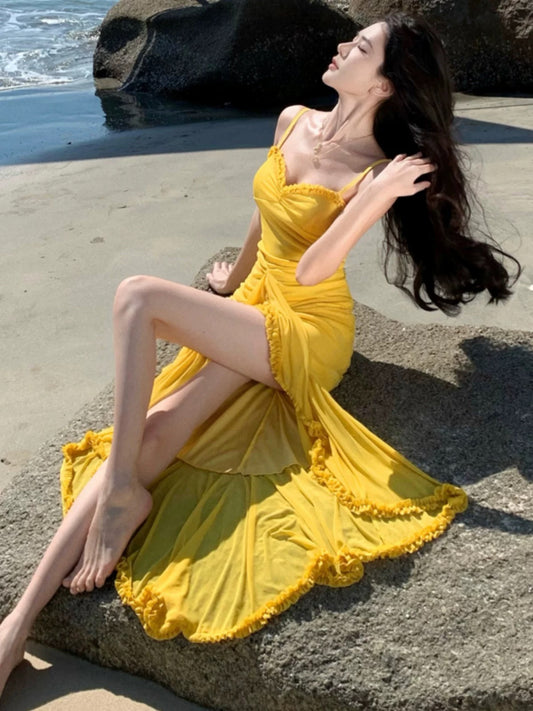 Sexy Mermaid Spaghetti Strap Yellow Chiffon Date With Ruffled Night Evening Outfit Formal Prom Dresses RB5369
