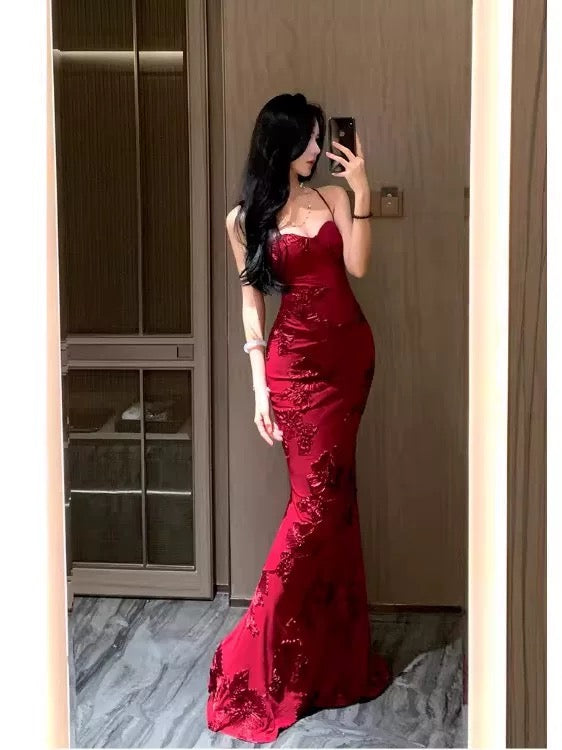 Sexy Mermaid Spaghetti Strap Lace Backless Long Date Night Outfits Semi Formal Prom Gown Evening Dresses RB5374