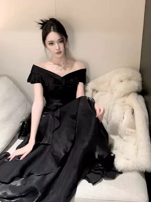 Sexy Mermaid Off The Shoulder Navy Blue With Ruffled Date Night Outfits Long Formal Evening Wedding Guest Dresses RB5379