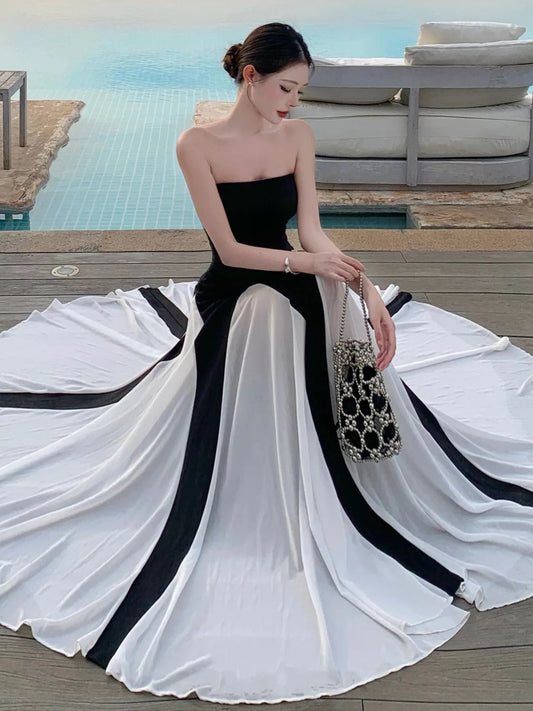 Sexy A line Black Tie Dress Strapless White Long Chiffon Date Night Outfits Semi Formal Prom Wedding Guest Dresses RB5381