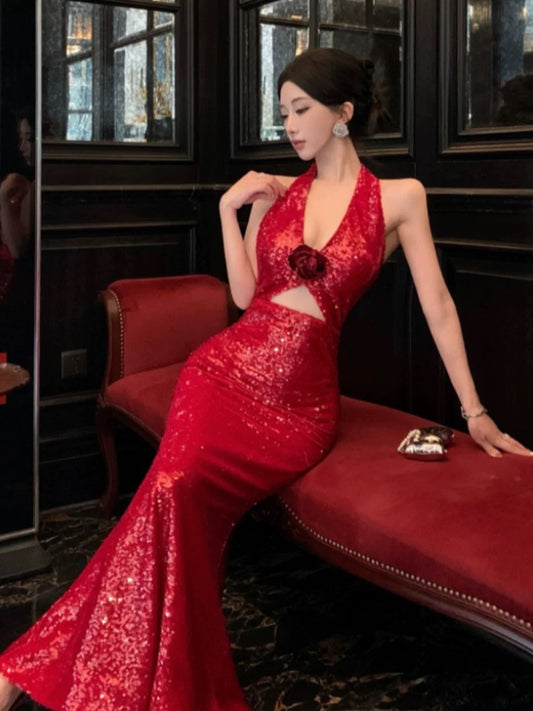 Simple Mermaid Halter Red Sequin Cruise Ship Formal Night Evening Dresses 20th Birthday Outfit RB5593