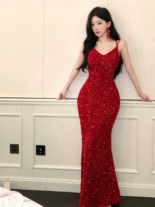 Sparkly Mermaid Spaghetti Strap Red Sequin Cruise Ship Formal Night Evening Dresses 18th Birthday Outfit RB5594