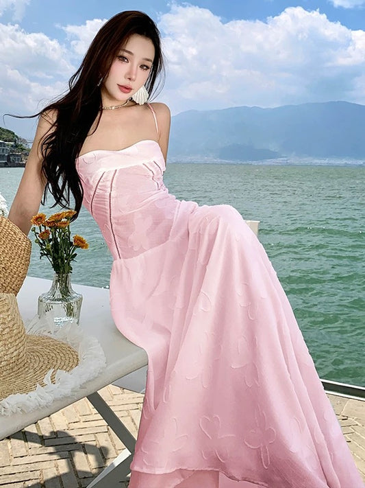 Modest A line Spaghetti Strap Pink Lace Long Cruise Ship Formal Night Evening Dresses 18th Birthday Outfits RB5599