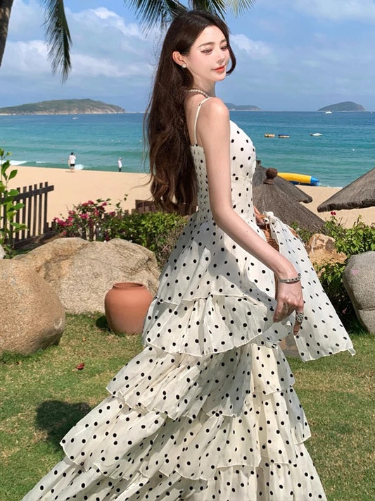 Modest A line Spaghetti Strap Black Polka Dots Long Cruise Ship Formal Night Evening Dresses 18th Birthday Outfits RB5600