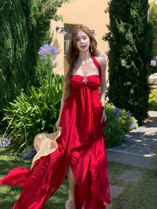 Modest A line Halter Red Chiffon Sleeveless Long Cruise Ship Formal Night Evening Dresses 18th Birthday Outfits RB5601