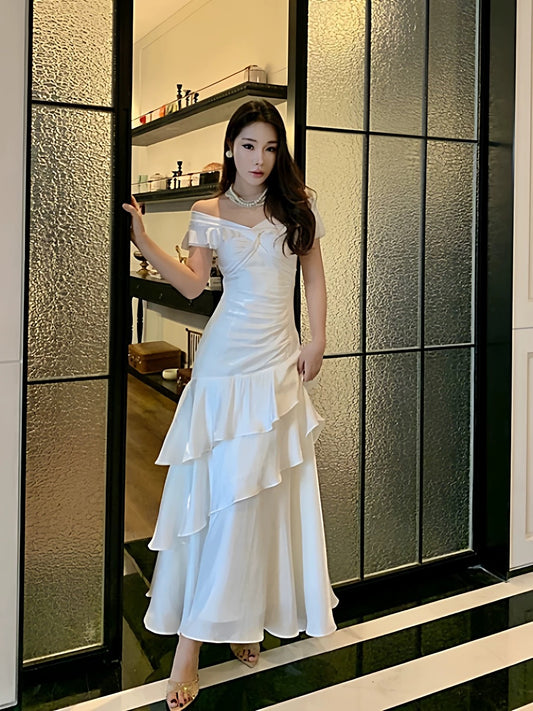 Modest Mermaid Off The Shoulder White With Ruffled Chiffon Long Cruise Ship Formal Night Evening Dresses 18th Birthday Outfits RB5604