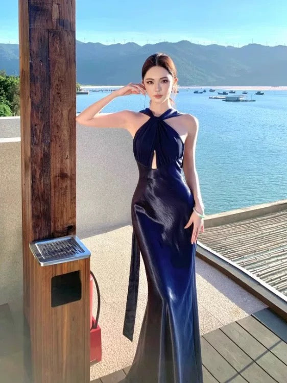 Modest Mermaid Halter Navy Blue Satin Long Date Night Outfits Semi Formal Prom Wedding Guest Dresses RB5382
