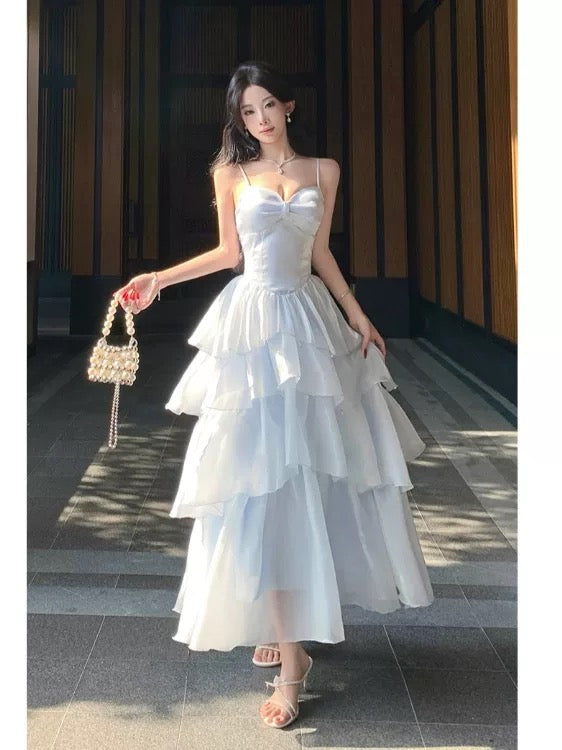 French Style A line Spaghetti Straps Light Sky Blue Date With Ruffled Night Evening Outfit Formal Prom Dresses RB5387