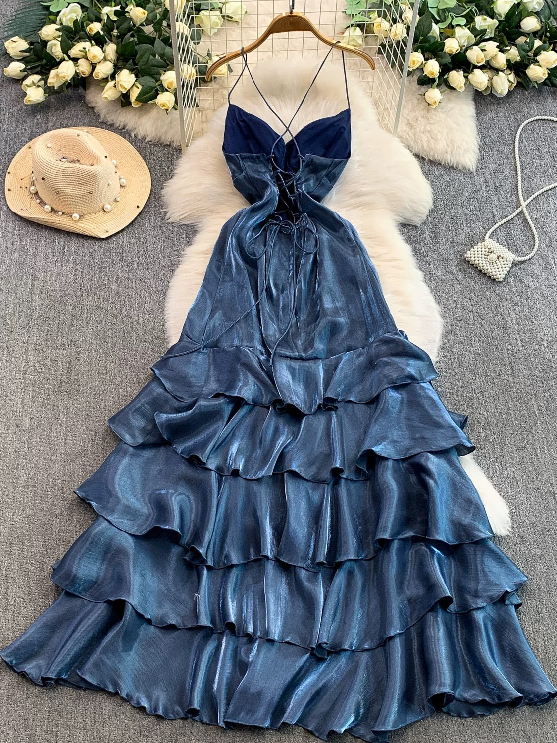 Simple Mermaid Spaghetti Strap Navy Blue Ruffled With Slit Long Birthday Outfits Backless Formal Gown Wedding Guest Dresses RB5391