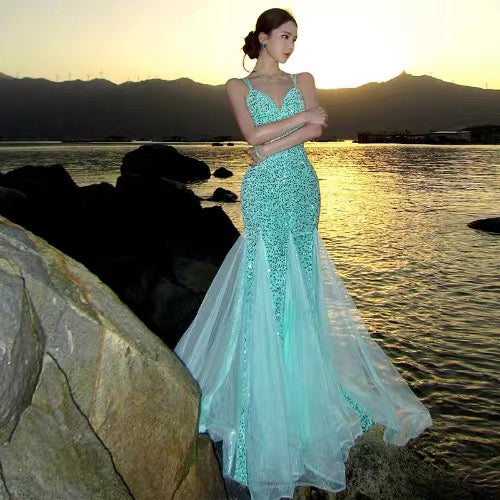 Sexy Mermaid Spaghetti Strap Mint Green Sequin With Ruffled Long Birthday Outfits Backless Formal Gown Wedding Guest Dresses RB5392