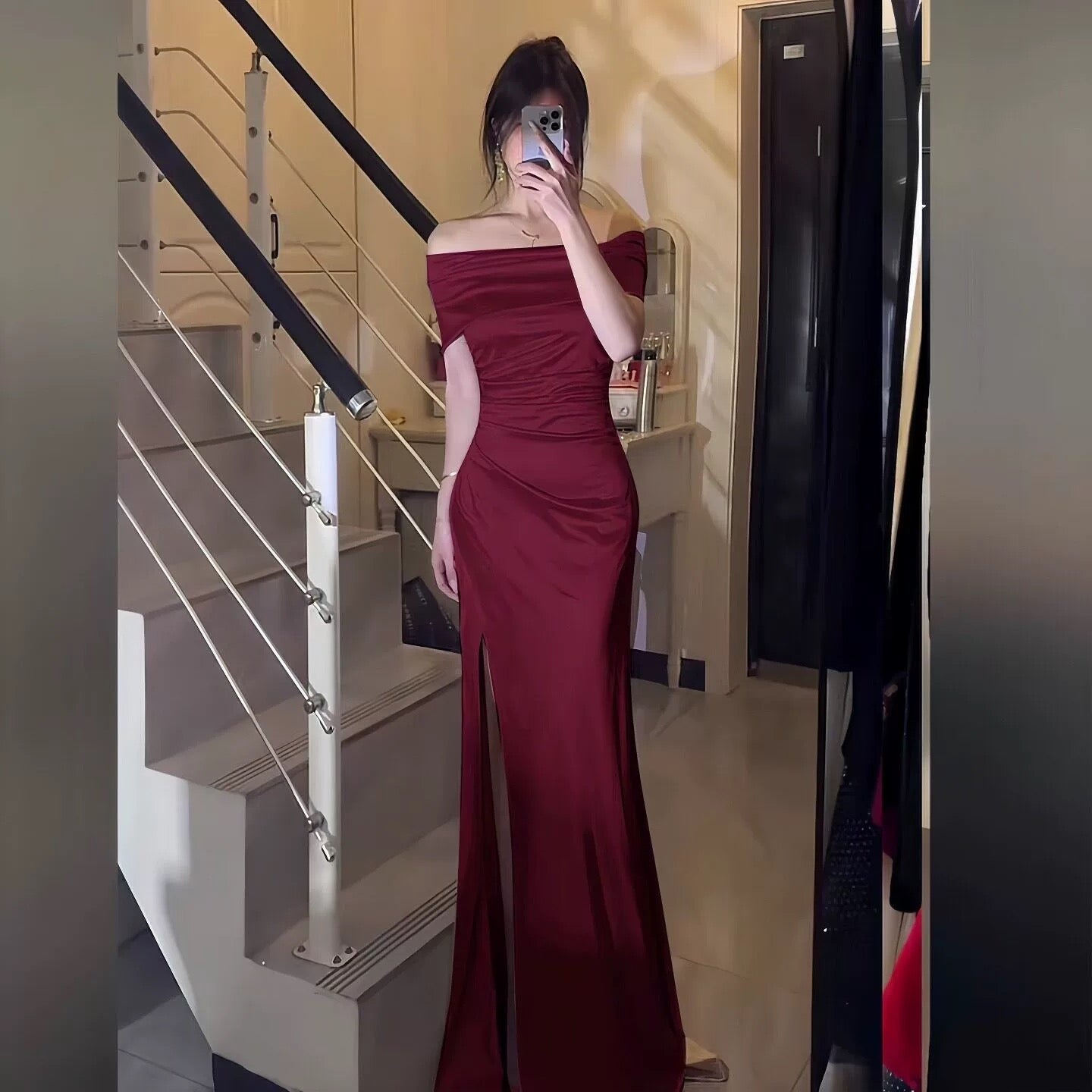 Sexy Mermaid Off The Shoulder Navy Blue Date With Slit Night Evening Outfit Formal Prom Dresses RB5407