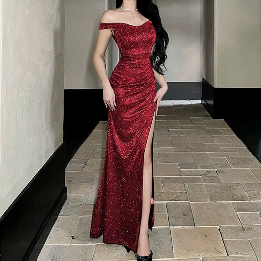 Sexy Mermaid Off The Shoulder Navy Blue With Split Date Night Outfits Long Formal Evening Wedding Guest Dress RB5408