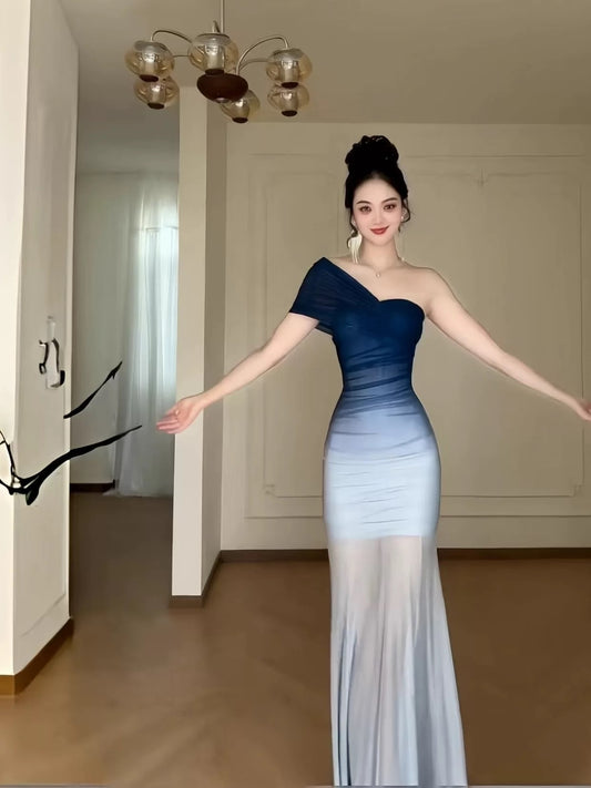 Classy Mermaid Off The Shoulder Gradient Blue Color Date Night Outfits Floor Length Formal Birthday Gown Evening Dresses RB5611