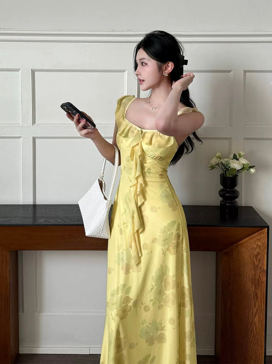 Glamorous Mermaid Square Neck Yellow Chiffon Date Night Outfits Formal 18th Birthday Gown Evening Dresses RB5616
