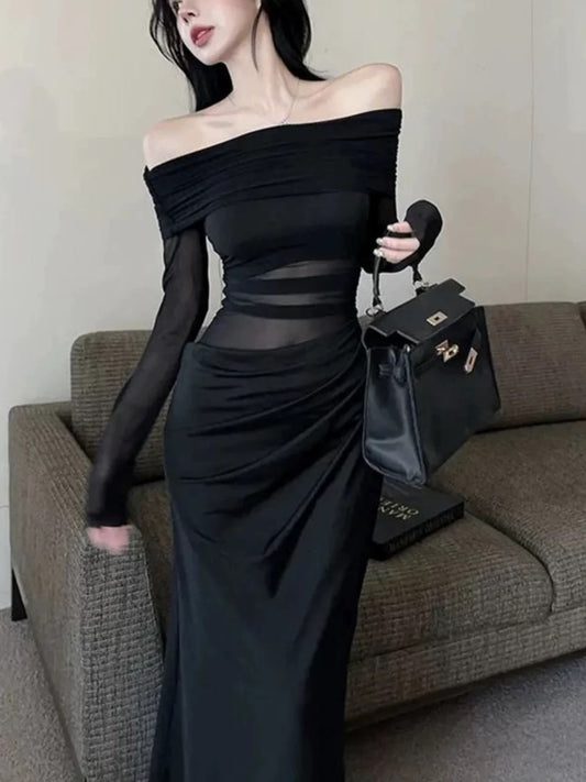 Sexy Mermaid Off The Shoulder Black Chiffon Cruise Ship Formal Night Evening Dresses 18th Birthday Outfit RB5620