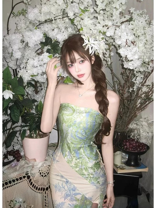 Classy Mermaid Strapless Green Floral With Split Date Night Outfits Ankle Length Formal Prom Gown Birthday Dresses RB5621