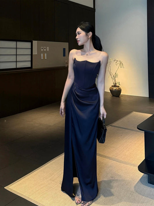 Sexy Mermaid Strapless Navy Blue With Slit Cruise Ship Formal Night Evening Dresses 18th Birthday Outfit RB5621