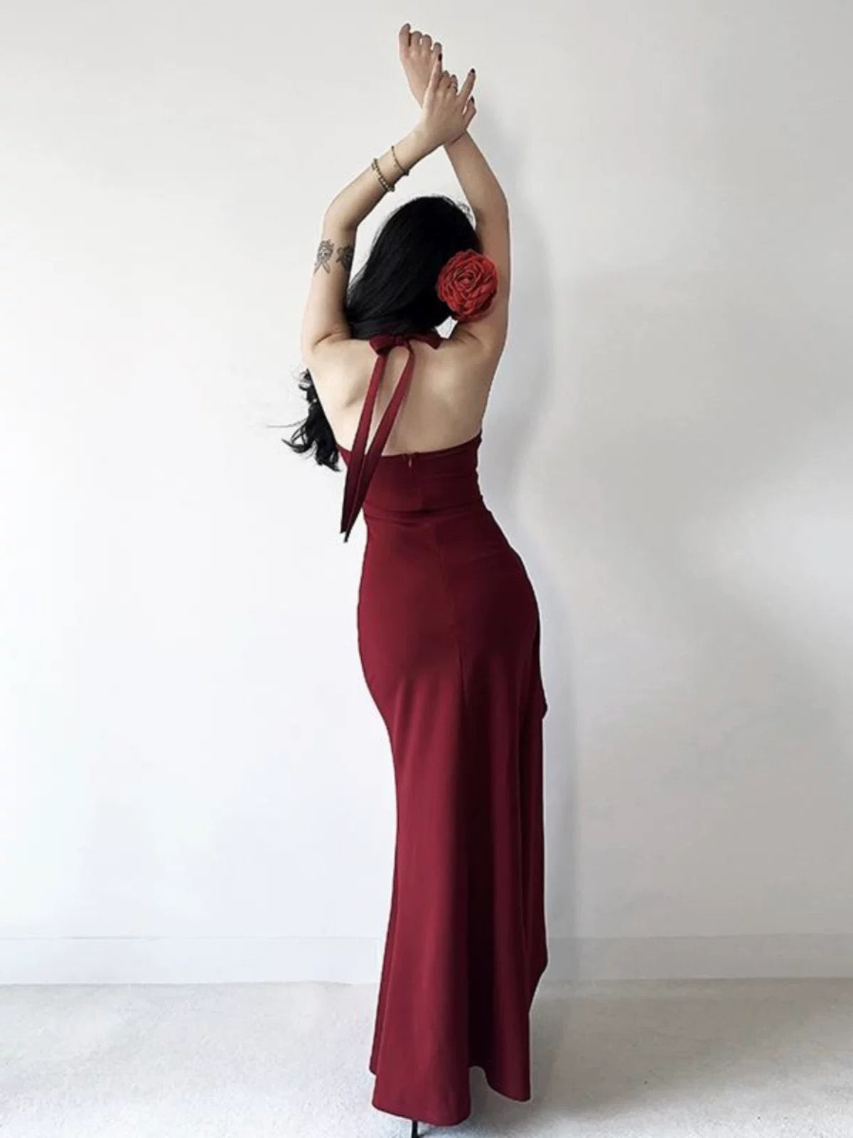 Simple Mermaid Halter Burgundy Slit Satin Date Floor Length Night Evening Outfit Formal Prom Dresses RB5622