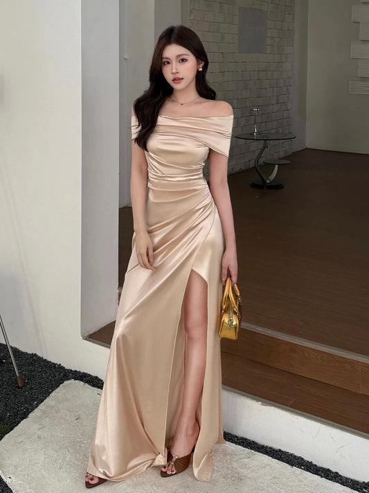 Dreamy Mermaid Off The Shoulder Navy Blue Satin Split With Ruffled Long Cruise Ship Formal Night Evening Dresses 18th Birthday Outfits RB5627