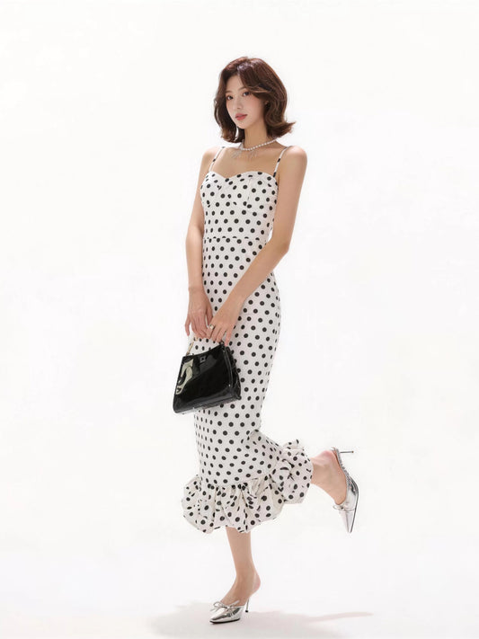 Sophisticated Mermaid Spaghetti Strap Polka Dots Date Night Outfits Formal Prom Gown Birthday Dresses RB5661