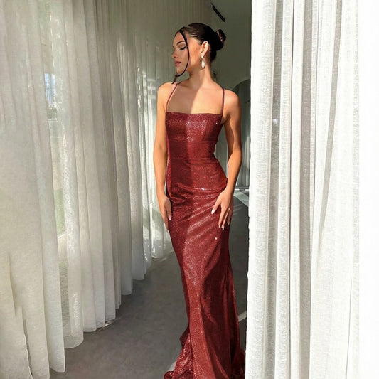 Mystical Mermaid Spaghetti Strap Gold Sequin Backless Date Night Evening Outfit Formal Prom Dresses RB5633