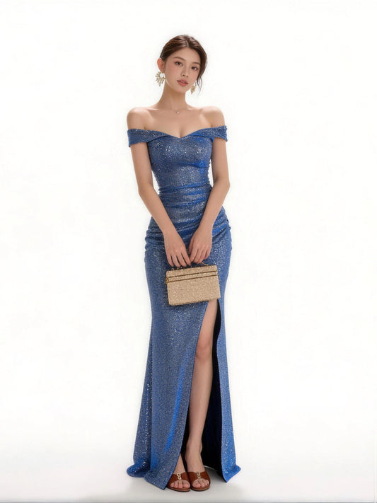 Sexy Mermaid Off The Shoulder Sequin With High Split Cruise Ship Formal Night Evening Dresses 18th Birthday Outfit RB5635