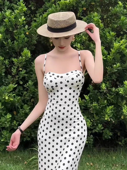 Classy Sheath Spaghetti Strap Polka Dots Date Night Outfits Floor Length Formal Prom Gown Birthday Dresses RB5644