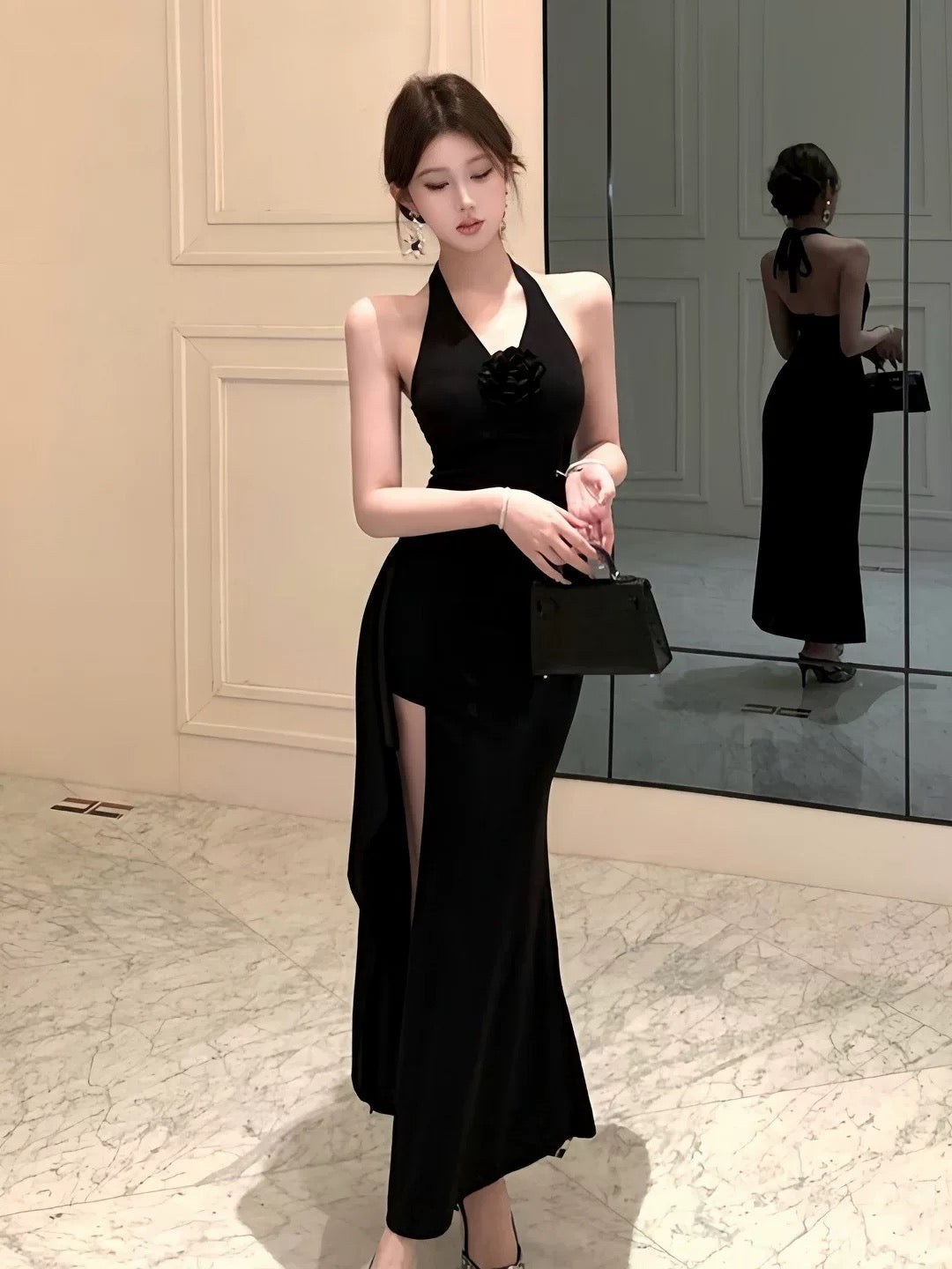 Classy Sheath Halter Black Slit Date Night Outfits Floor Length Formal Prom Gown Birthday Dresses RB5645