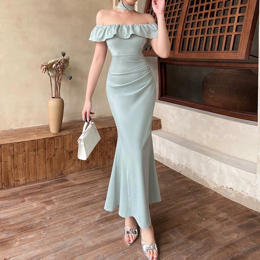 Modest Mermaid Off The Shoulder Black Tie Dress With Ruffle Date Floor Length Night Evening Outfit Formal Prom Dresses RB5460