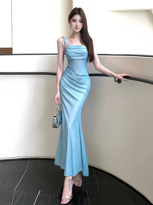Sexy Mermaid Spaghetti Strap Blue Long Sequin Date Night Outfits Semi Formal Prom Wedding Guest Dresses RB5433