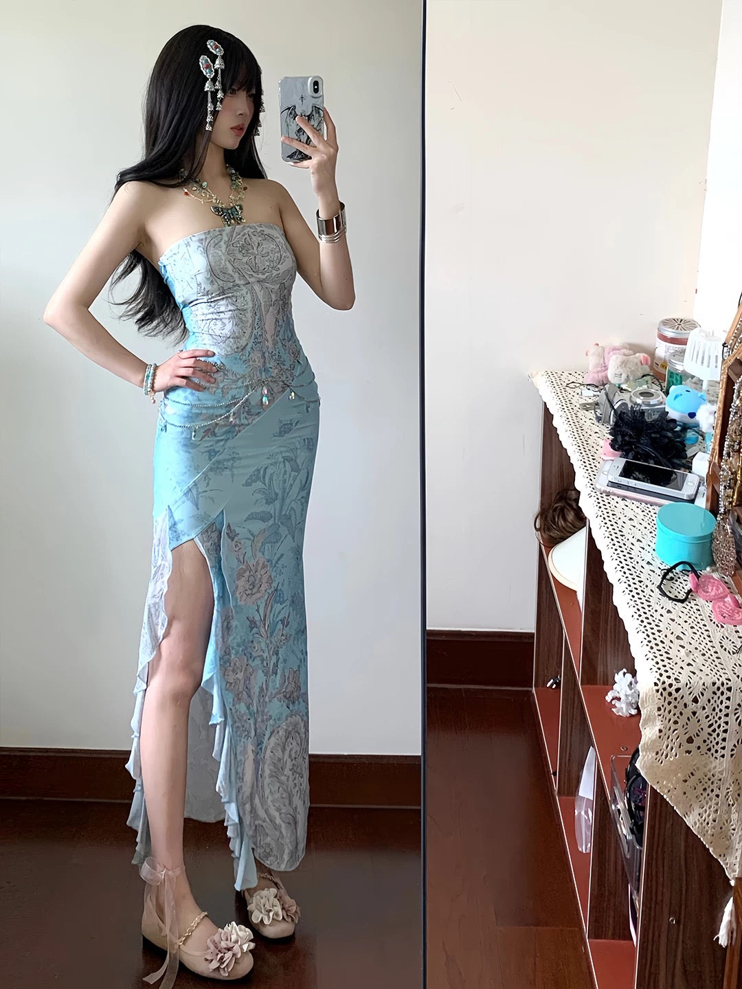 Modest Mermaid Strapless Blue With Split Date Floor Length Night Evening Outfit Formal Prom Dresses RB5468