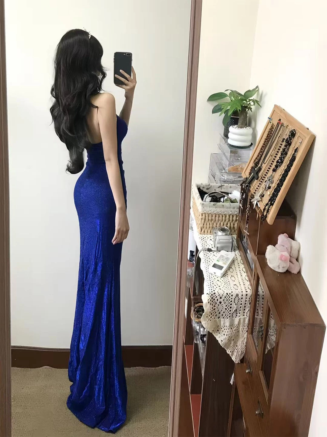 Modest Mermaid Halter Royal Blue Sequin Date With High Split Floor Length Night Evening Outfits Formal Prom Dresses RB5477