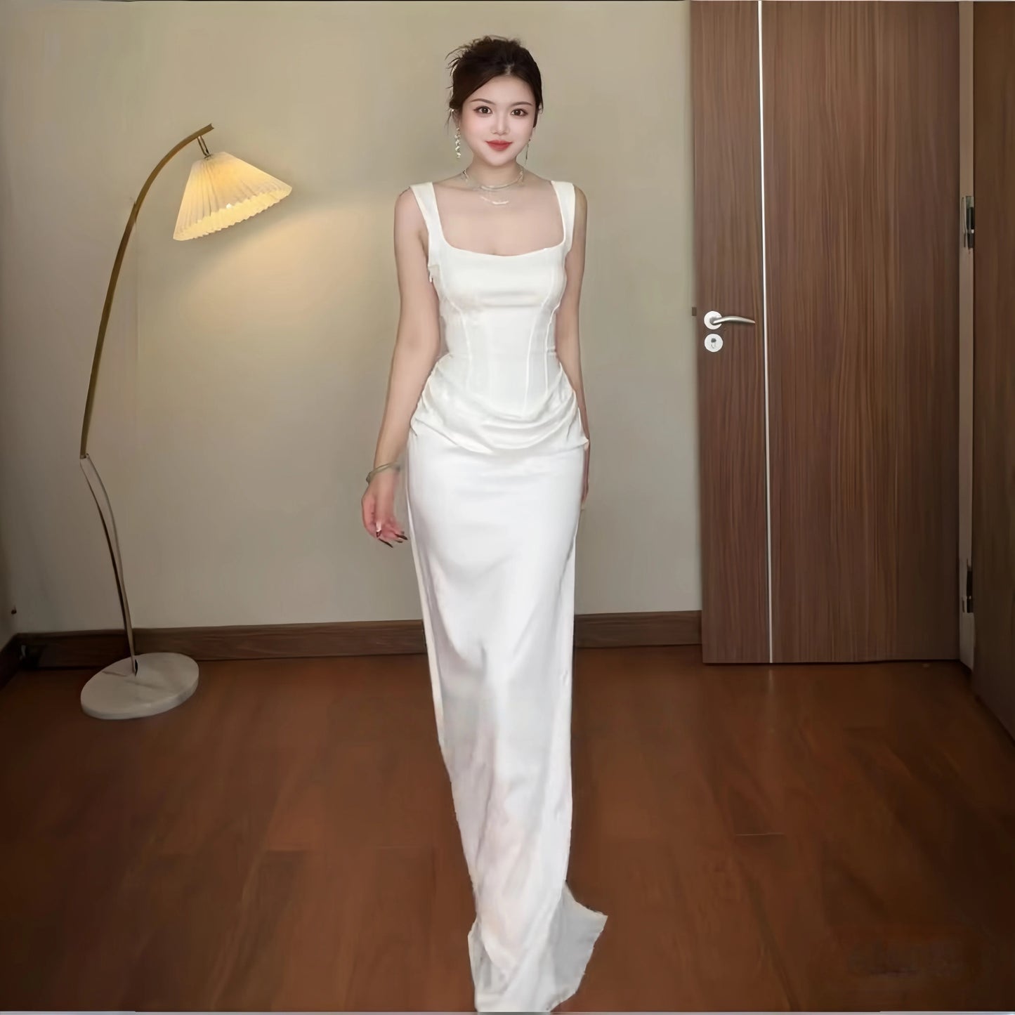 Simple Mermaid Square Neck White Satin With Ruffle Date Floor Length Night Birthday Outfit Formal Prom Dresses RB5478