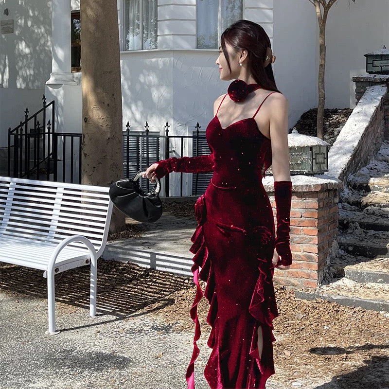 Stunning Mermaid Spaghetti Strap Black Velvet Date With Ruffled Night Evening Outfit Formal Prom Dresses RB5490
