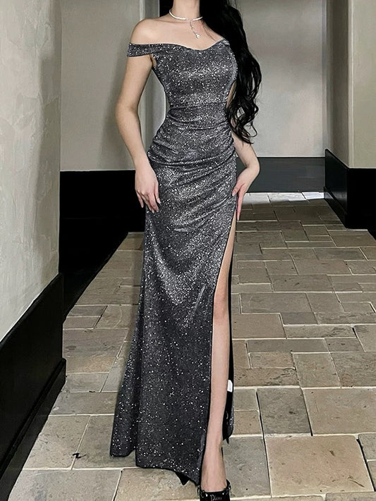 Glitter Mermaid Off The Shoulder Blue Sequined With Slit Long Date Night Outfits Semi Formal Wedding Guest Dresses RB5495