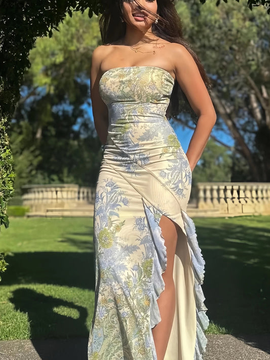Sexy Mermaid Strapless Green Floral Slit Long Cruise Ship Formal Night Evening Dresses 19th Birthday Outfit RB5751