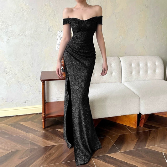 Sparkly Mermaid Off The Shoulder Navy Blue Long Slit Cruise Ship Formal Night Evening Dresses 19th Birthday Outfit RB5742