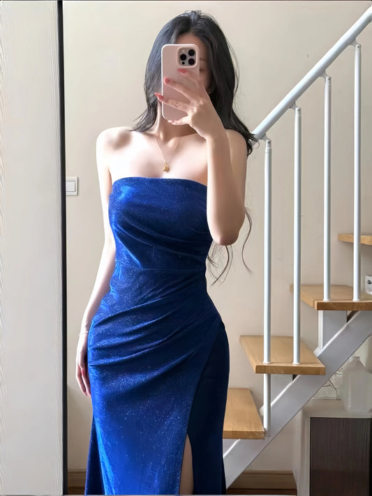 Sexy Mermaid Strapless Royal Blue Sequin Slit Long Cruise Ship Formal Night Evening Dresses 19th Birthday Outfit RB5752