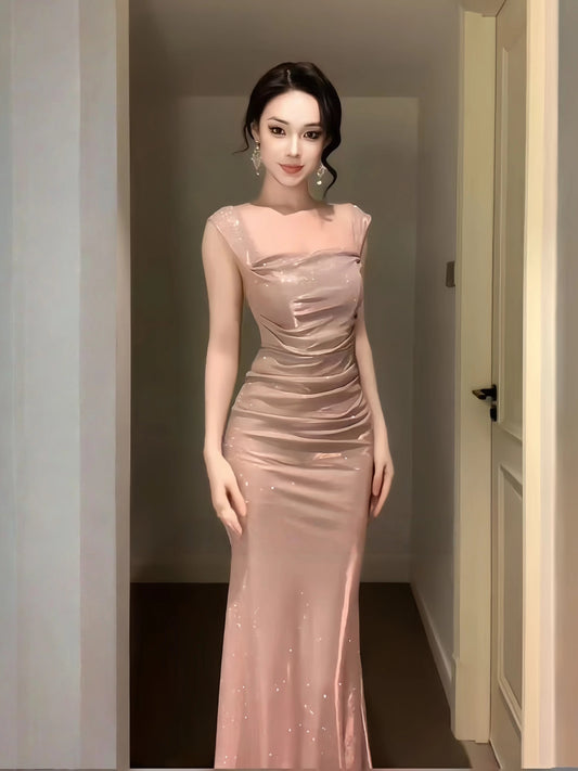 Sparkly Mermaid Square Neck Pink Sequin Long Cruise Ship Formal Night Evening Dresses 19th Birthday Outfit RB5749