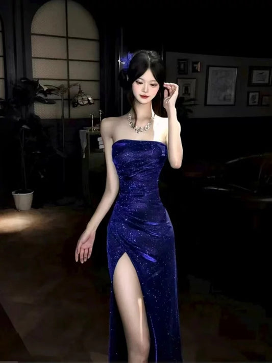 Sexy Mermaid Strapless Royal Blue Sequined Long Cruise Ship Formal Night Evening Dresses 19th Birthday Outfit RB5757