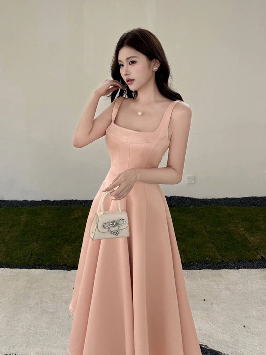 Sexy A line Square Neck Pink Satin Midi Length Cruise Ship Formal Night Party Dresses 19th Birthday Outfit RB5761