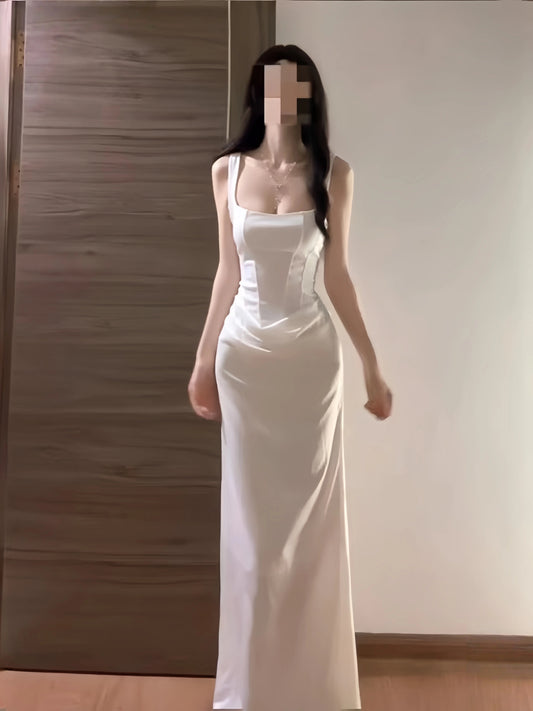 Sexy Mermaid Square Neck White Corset Fitted Floor Length Cruise Ship Formal Night Party Dresses 19th Birthday Outfit RB5764