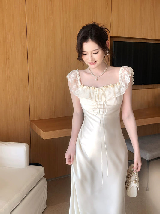 Modest Mermaid Square Neck White Satin Sleeveless Spring Summer Event Outfits Wedding Guest Dresses RB3850