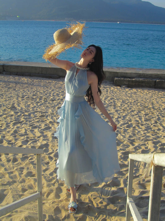 Maximalist A line Jewel Neck Chiffon Blue Cruise Ship Formal Night Evening Dresses 18th Birthday Outfit RB3852