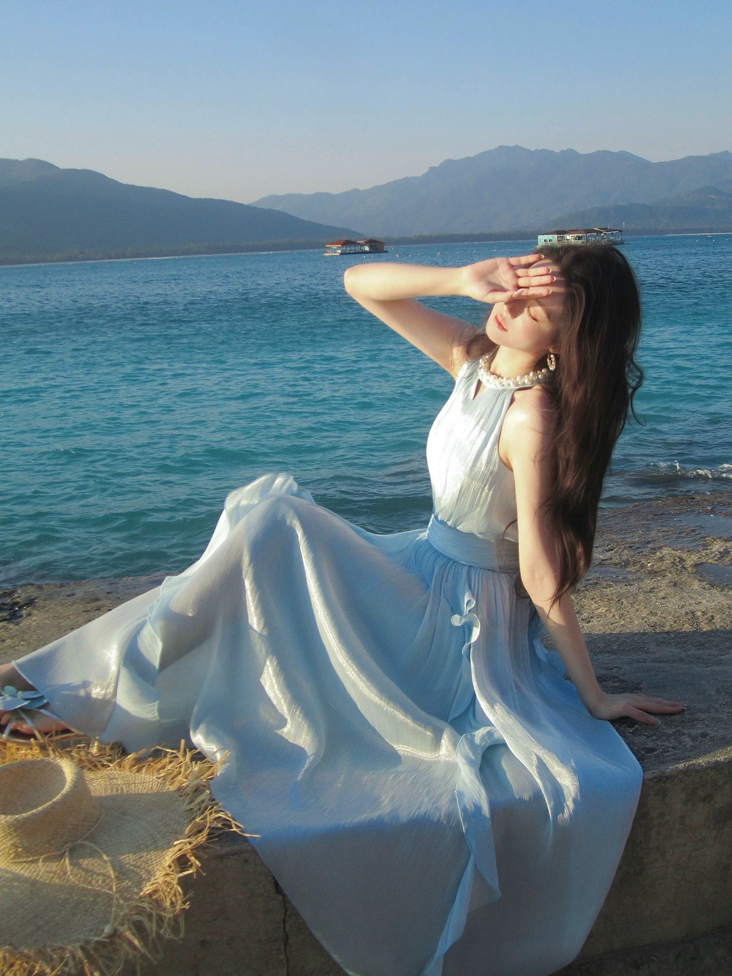 Robes de soirée formelles de croisière bleues en mousseline de soie à col bijou et ligne A maximaliste pour tenue du 18e anniversaire RB3852