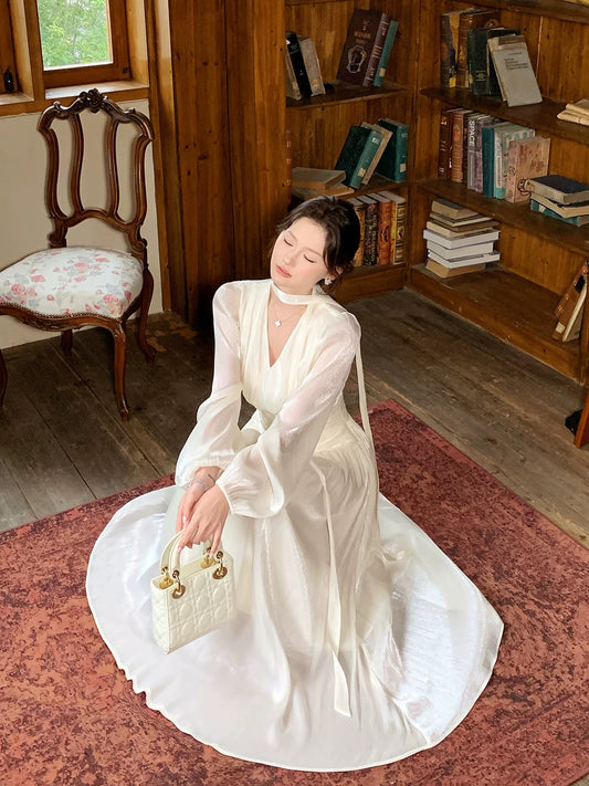 Modest A Line V Neck White Chiffon With Long Sleeves Spring Summer Event Outfits Wedding Guest Dresses RB3853