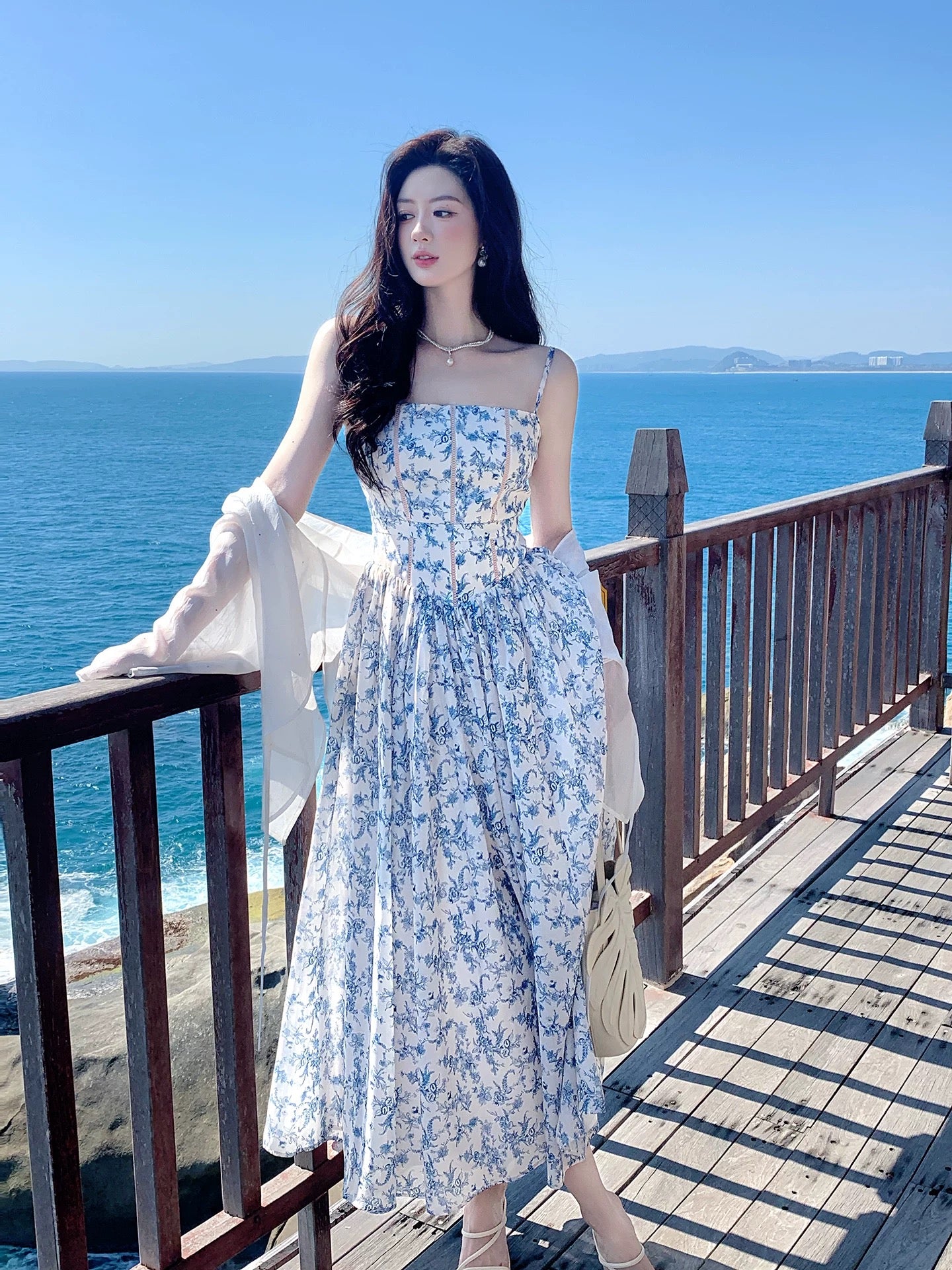Maximalist A line Spaghetti Strap Floral Blue Chiffon Cruise Ship Formal Night Evening Dresses 18th Birthday Outfit RB3858