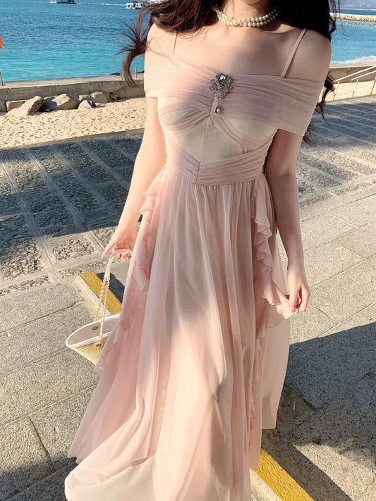 Pretty A Line Spaghetti Strap Pink Chiffon Spring Summer Event Outfits Wedding Guest Dresses RB3868