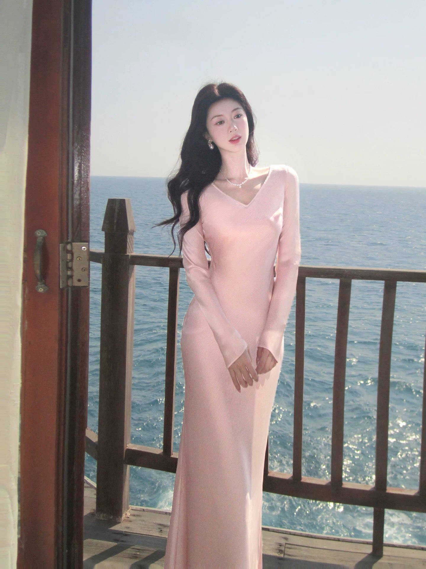 Hübsches Meerjungfrauenkleid mit V-Ausschnitt und langen Ärmeln, pink, für Frühling und Sommer, Event-Outfits, Hochzeitsgastkleider RB3869