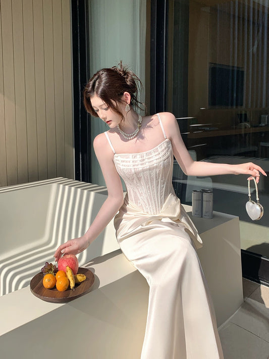 Simple Mermaid Spaghetti Strap White Satin Cruise Ship Formal Night Evening Dresses 20th Birthday Outfit RB3874